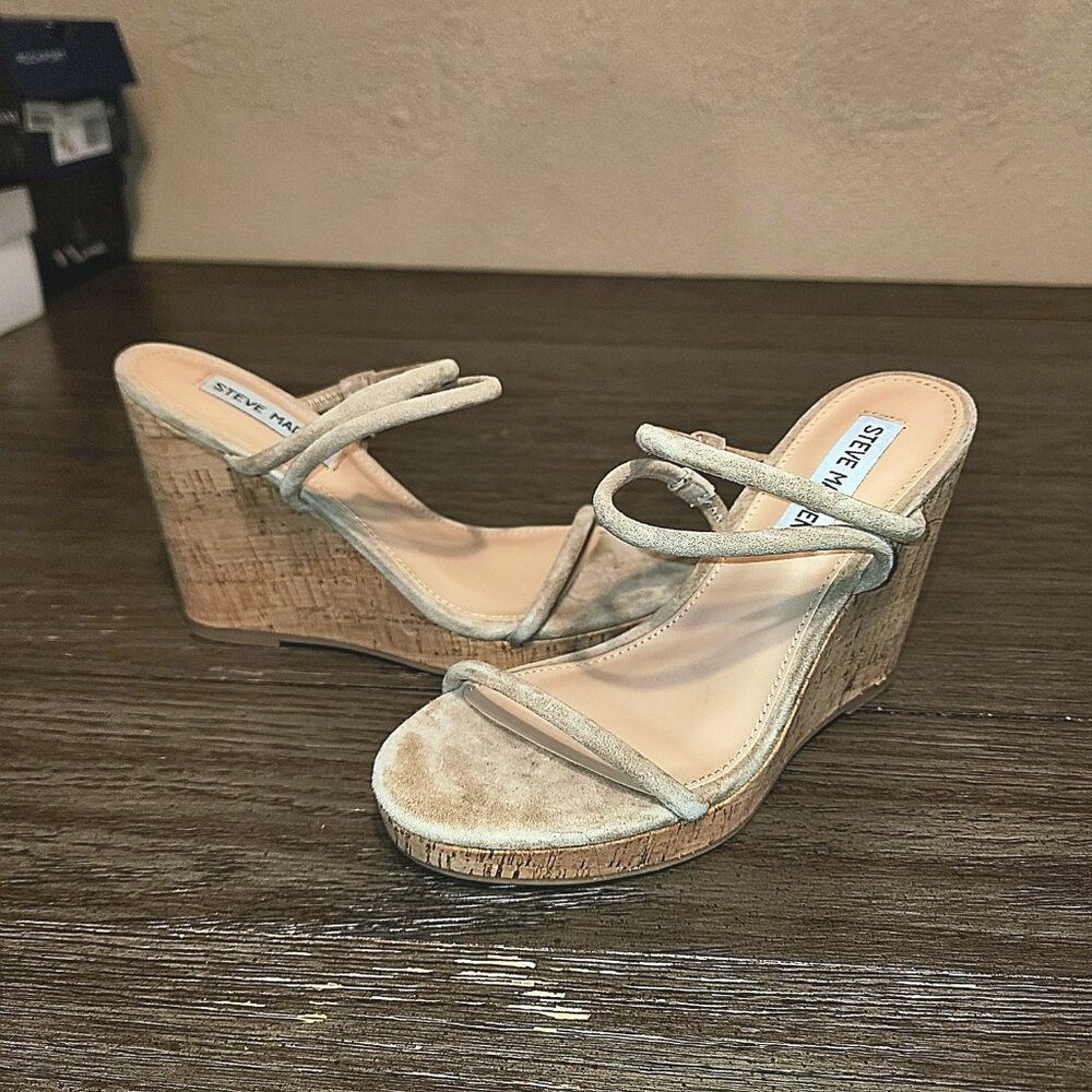 STEVE MADDEN Women's Udell Strappy Platform Wedge Sandals NWT TAN SUEDE CORK 6M - Picture 4 of 10